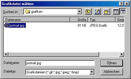 Grafikdatei - Wählen -> Größe und Art der Datei