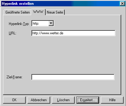Fenster f&uuml;r Linkeigenschaften